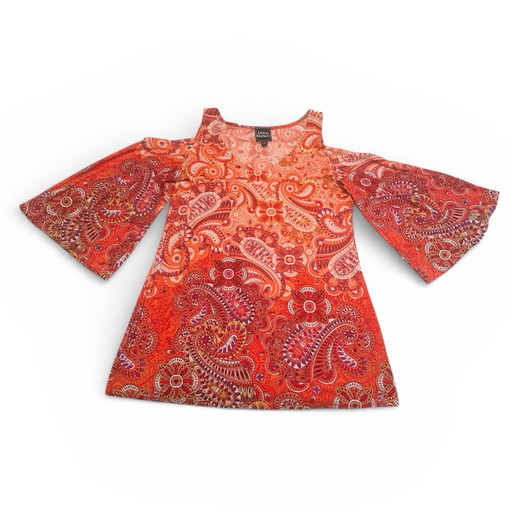 Coco Blanco Red Cold Shoulder Paisley Blouse Womens Size M - Picture 1 of 11